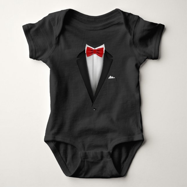Tuxedo design with Red Bowtie For Weddings Baby Bodysuit (Front)