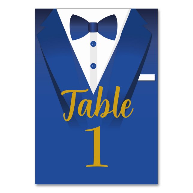 Tuxedo Event Bow Tie Black Tie Royal Blue Wedding Table Number (Front)
