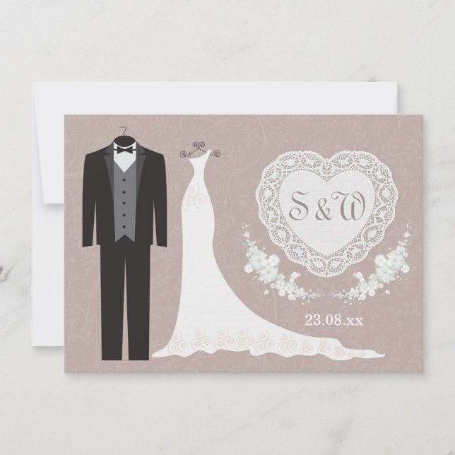 Tuxedo gown, heart on beige grey Wedding Invitation (Front)
