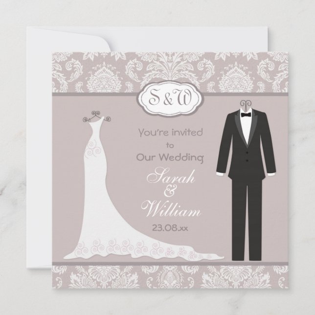 Tuxedo & Gown on pink grey damask Wedding Invitation (Front)
