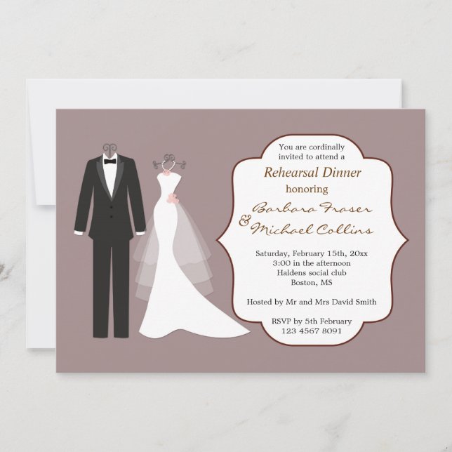 Tuxedo & gown on plum Rehearsal Dinner Invitation (Front)