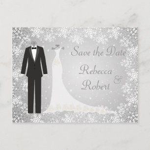 Tuxedo, Gown, Snowflakes Save the Date Postcard