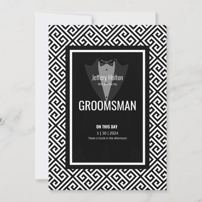 Tuxedo groomsman, best man black and white tuxedo  invitation (Front)