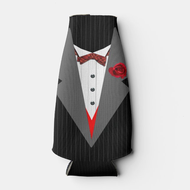 Tuxedo Image, Red Tartan Dickybow, Grey Lapels Bottle Cooler (Front)