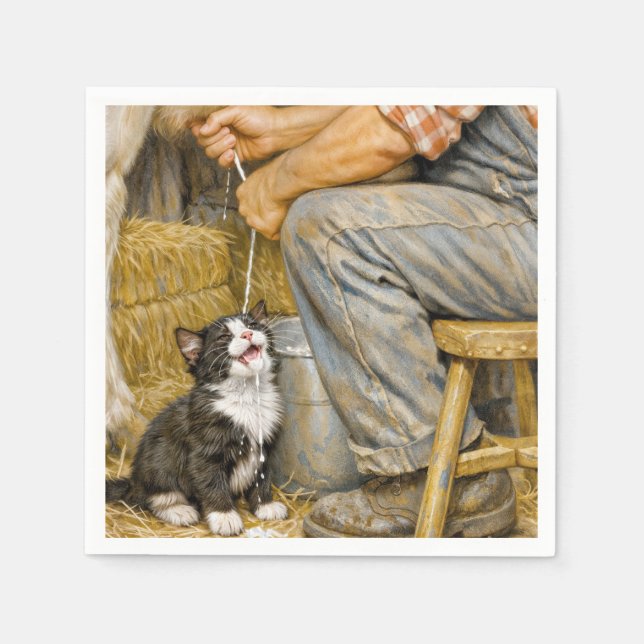 Tuxedo Kitten Drinking Cow Milk Napkin (Front)