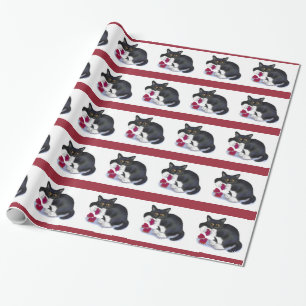 Tuxedo Kitten has Three Valentine Heart Catnip Toy Wrapping Paper