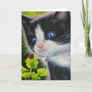 Tuxedo Kitten & Ladybug Watercolor Art Card