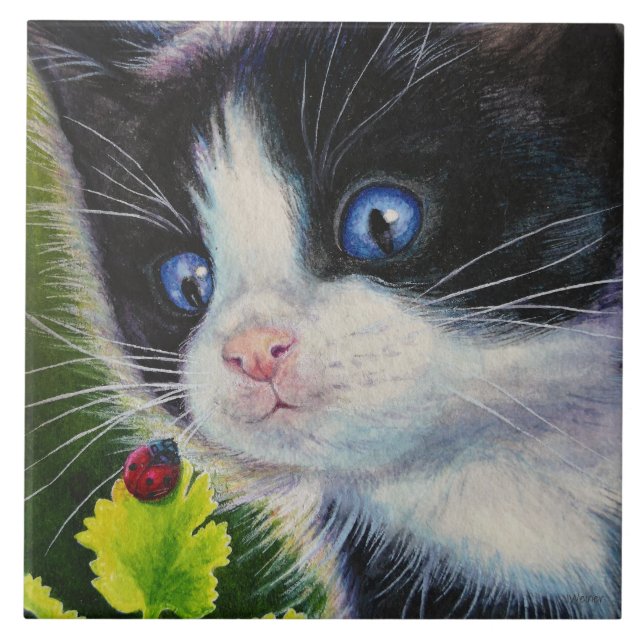 Tuxedo Kitten & Ladybug Watercolor Art Ceramic Tile (Front)