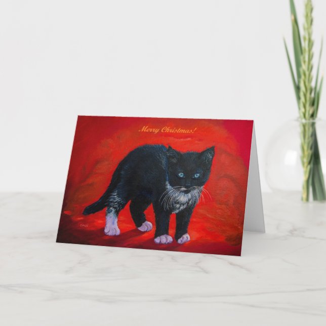 Tuxedo Kitten Merry Christmas Holiday Card (Front)