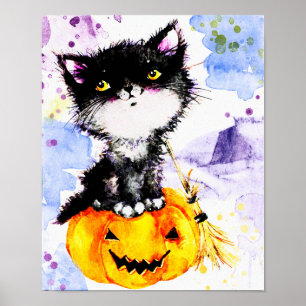 Tuxedo kitten on pumpkin poster