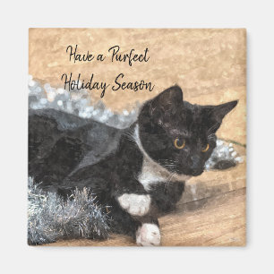 Tuxedo Kitten Tinsel and Lights Magnet