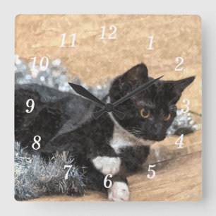 Tuxedo Kitten Tinsel and Lights Painterly Clock