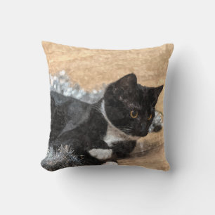 Tuxedo Kitten Tinsel and Lights Painterly Cushion