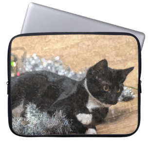 Tuxedo Kitten Tinsel and Lights Painterly Laptop Sleeve
