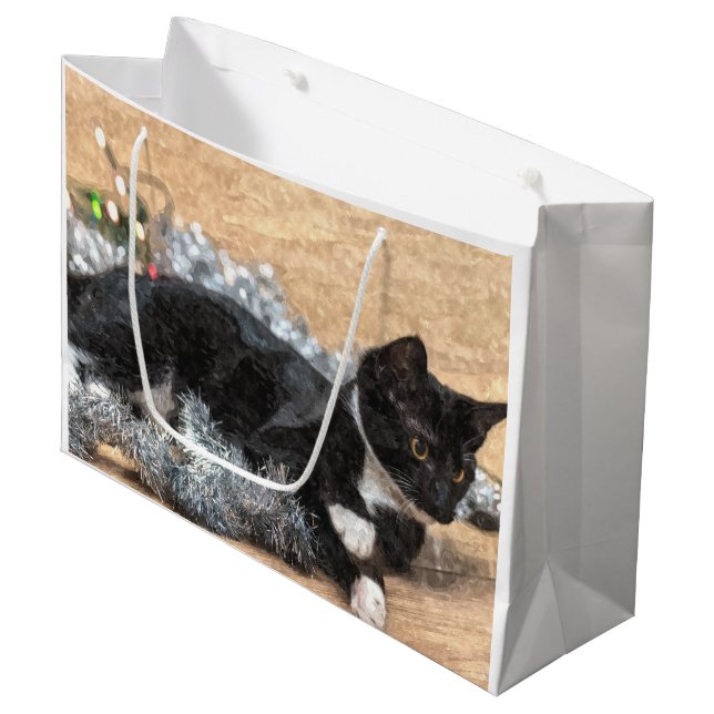 Tuxedo Kitten Tinsel and Lights Painterly Large Gift Bag (Front Angled)