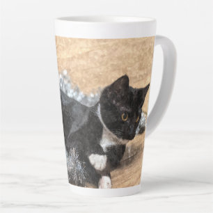 Tuxedo Kitten Tinsel and Lights Painterly Latte Mug