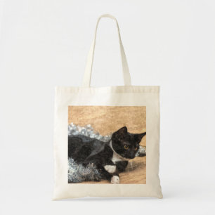 Tuxedo Kitten Tinsel and Lights Painterly Tote Bag