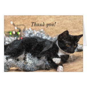 Tuxedo Kitten Tinsel and Lights Thank You Card