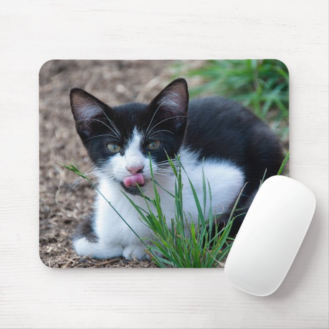 Tuxedo kitten with tongue sticking out mouse pad (With Mouse)