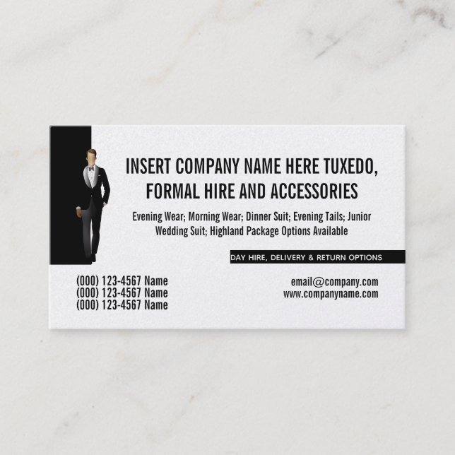 Tuxedo man formal suit renting business DIY custom Business Card (Front)