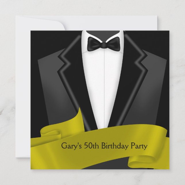 Tuxedo Mans Black Gold 50th Birthday Party Invitation (Front)