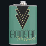 Tuxedo Modern Art Deco Groomsman Hip Flask<br><div class="desc">A great gift idea for the groomsmen in your wedding, this design features an art deco-inspired trio of triangles bordered in a gold hue and studded with dots. Add the name of your groomsmen in place of the sample text. You can change the background colour of this flask using the...</div>