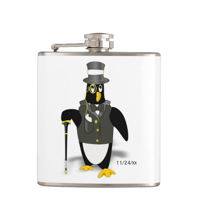 Tuxedo Penguin Groomsman Wedding Optional Date Hip Flask (Front)