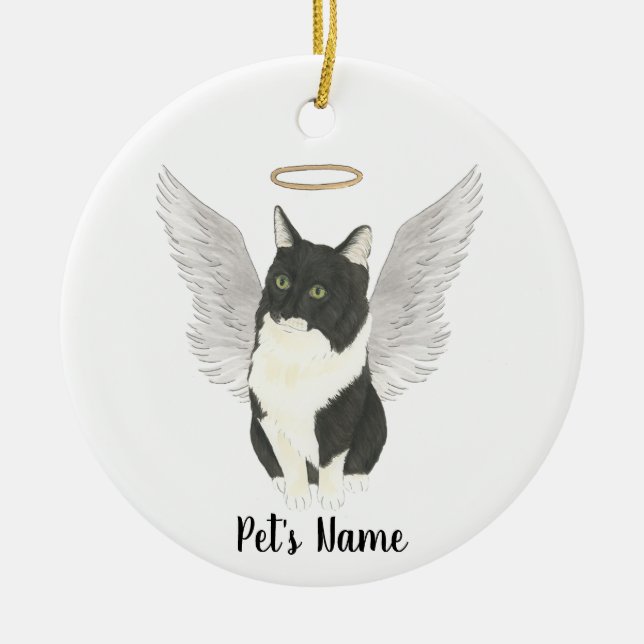 Tuxedo Ragamuffin Cat Sympathy Memorial Ceramic Ornament (Front)
