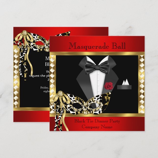 Tuxedo Red Gold Black Tie Masquerade Ball Invitation (Front/Back)