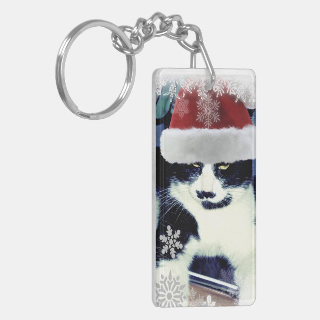 Tuxedo Santa Cat Christmas Keychain (Front Left)