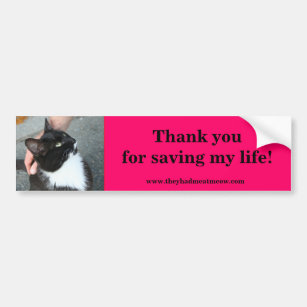Tuxedo says:  Thanks for saving my life. Bumper Sticker