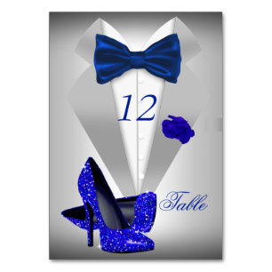 Tuxedo Silver Blue Bow Heel Table Number
