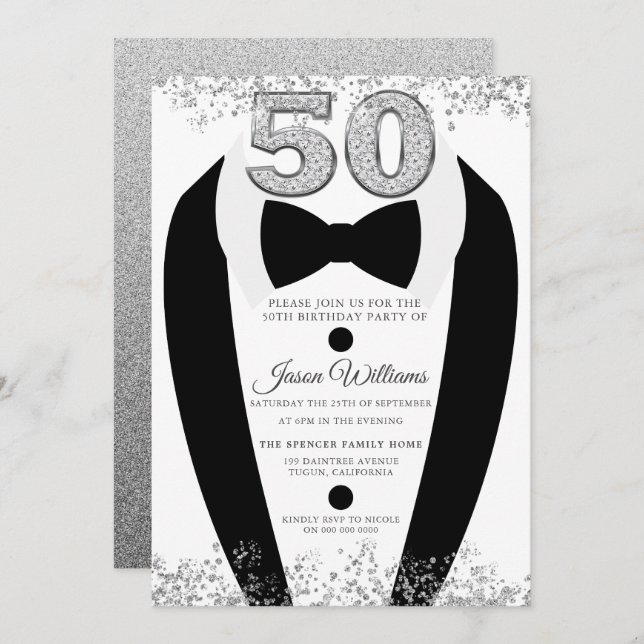 Tuxedo Suit Silver Mens 50th Birthday Party Invitation (Front/Back)