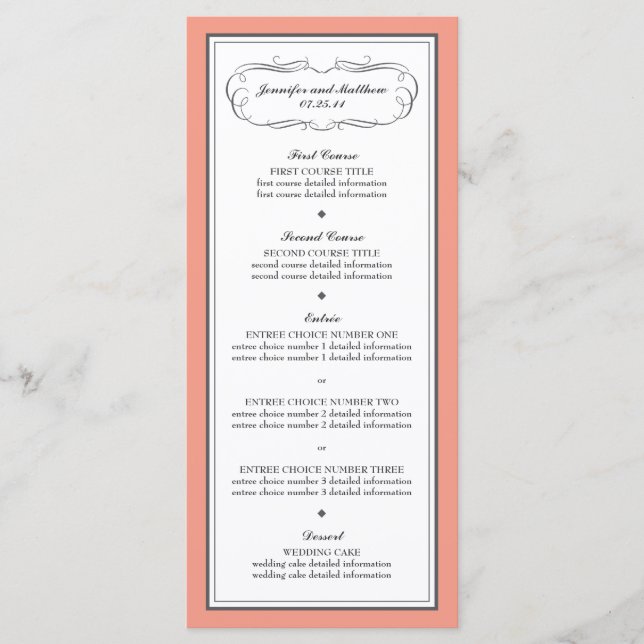 Tuxedo Wedding Menu in Coral and Grey (Front)
