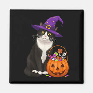 Tuxedo Witch Cat & Halloween Candy Basket For Magnet