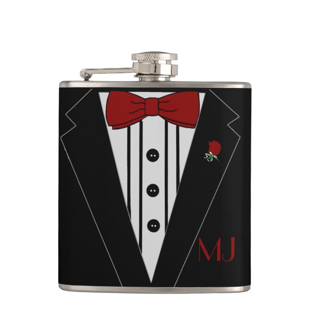Tuxedo With Bow Tie Groomsman Wedding Hip Flask (Front)