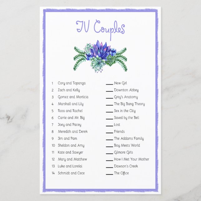 TV Couple Matching Succulent Bridal Shower Game (Front)