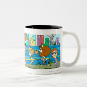 TV reporters with mikes at sports race Two-Tone Coffee Mug
