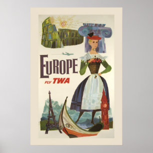 TWA Visit Europe 1960s Vintage Airline Travel Poster