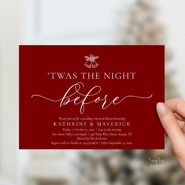 Twas The Night Before Classy Rehearsal Dinner Invitation ('Twas The Night Before Modern Romantic Wedding Rehearsal Dinner Invites Card PDF Burgundy Wine Red)