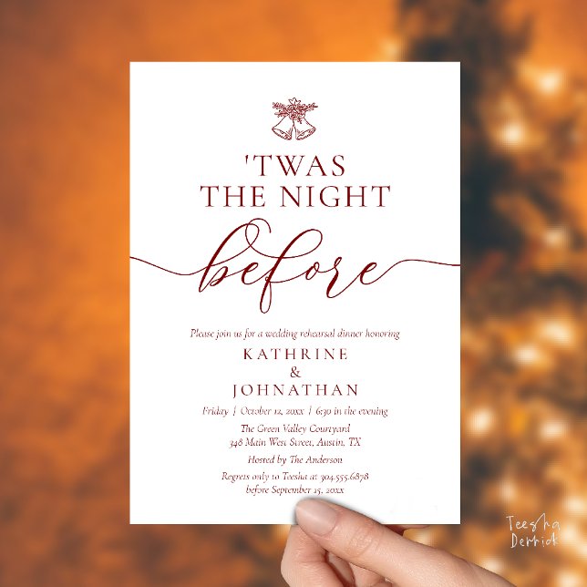 Twas The Night Before Classy Rehearsal Dinner Invitation ('Twas The Night Before Modern Romantic Wedding Rehearsal Dinner Invites Card PDF Burgundy Wine Red)