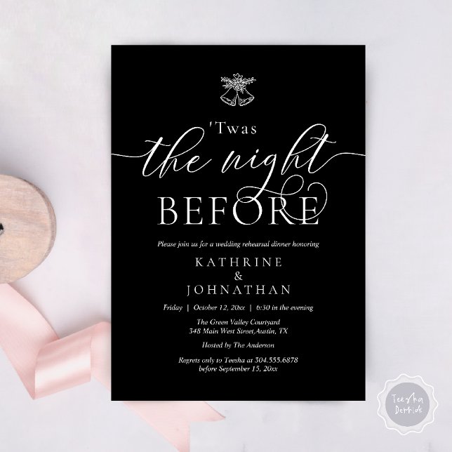 Twas The Night Before Modern Rehearsal Dinner Invitation (Twas The Night Before Wedding Rehearsal Dinner Party Invites Card mistletoe wedding bell Black White)
