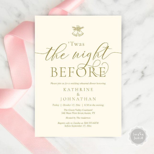 Twas The Night Before Modern Rehearsal Dinner Invitation (Twas The Night Before Wedding Rehearsal Dinner Party Invites Card mistletoe wedding bell Yellow Gold)
