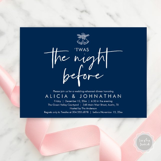 Twas The Night Before, Wedding Rehearsal Dinner Invitation (Twas The Night Before Wedding Rehearsal Dinner Party Invites Card mistletoe wedding bell navy blue)