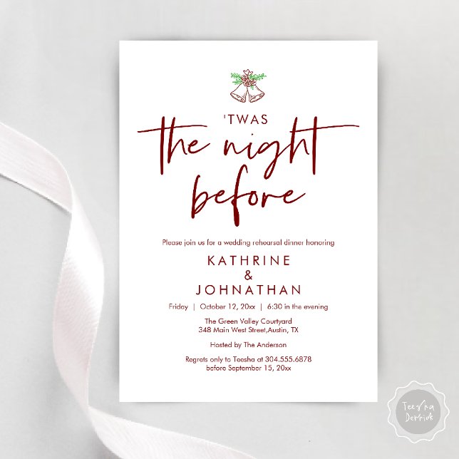 Twas The Night Before Wedding Rehearsal Dinner Invitation (Twas The Night Before Wedding Rehearsal Dinner Party Invites Card mistletoe wedding bell burgundy)