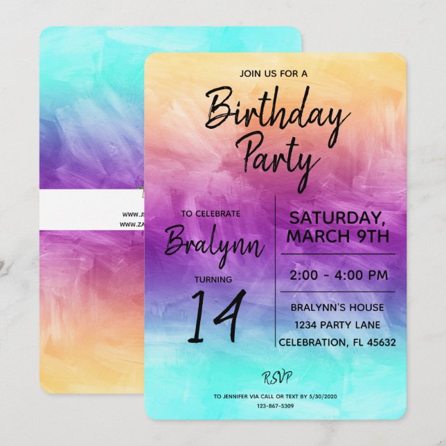 Tween Girl Birthday Party Watercolor Design Invitation (Front/Back)