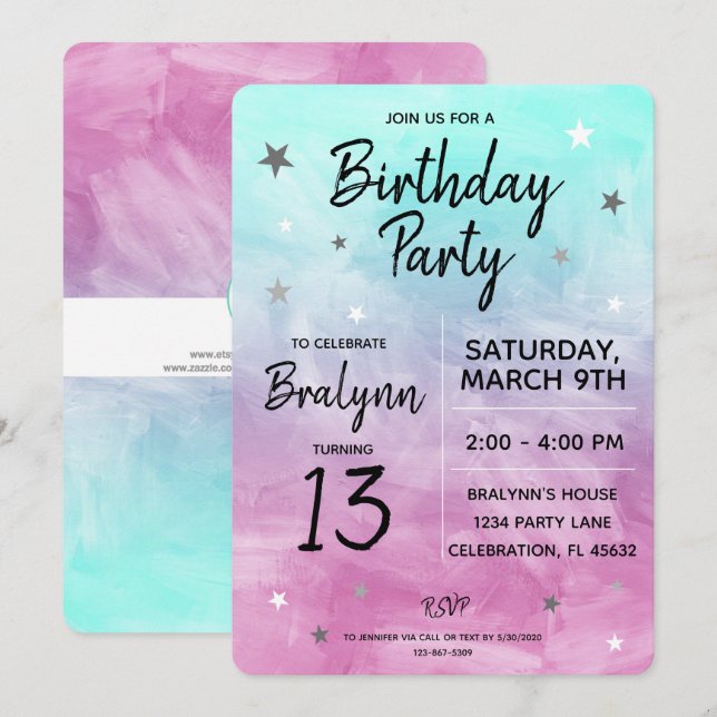 Tween Girl Birthday Party Watercolor Design Invitation (Front/Back)
