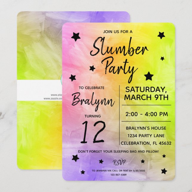 Tween Girl Birthday Slumber Party Watercolor Invitation (Front/Back)