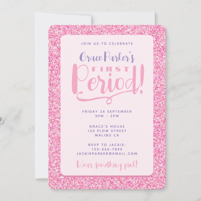 Tween Pink Glitter Cute Girly First Period Party  Invitation (Front)