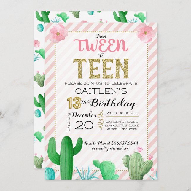 Tween To Teen Cactus Boho Birthday Invitation (Front/Back)